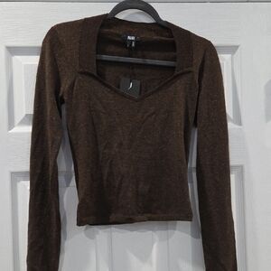 PAIGE Brown Fitted Blouse with Sweetheart Neckline